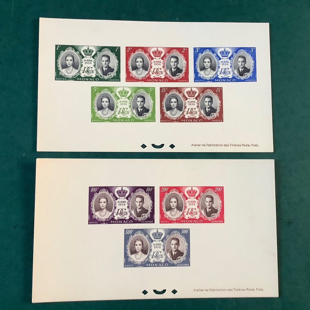 Monaco 1956 - Matrimonio principesco: epreuve de luxe dei blocchi, di tutti i francobolli singoli e di altissimo - Yvert #2.1