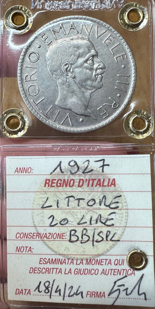 意大利， 意大利王国. 维托里奥·伊曼纽尔三世·迪·萨沃亚 （1900-1946）. 20 Lire 1927 "Littore" #2.1