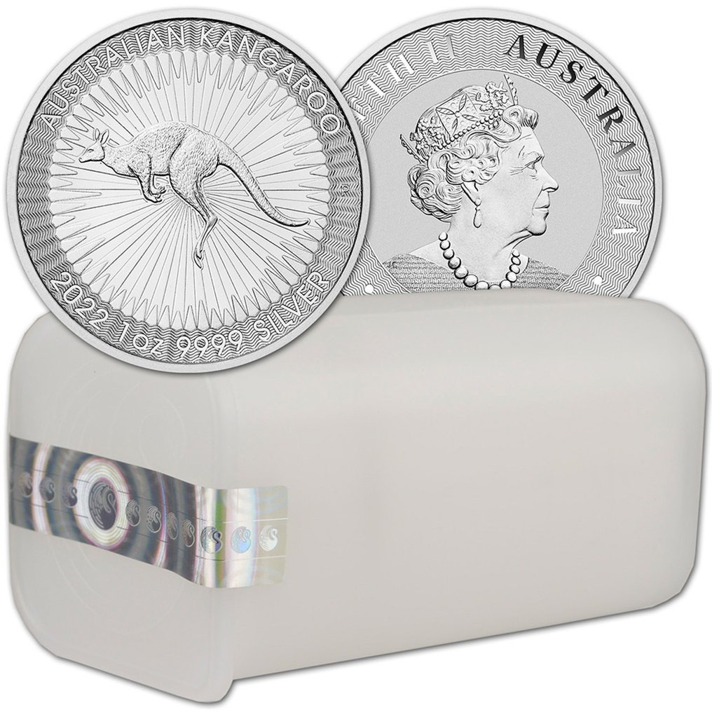 Austrália. 25 x 1 oz 2022 $1 AUD Australian Silver Kangaroo Coin in Tube #1.1
