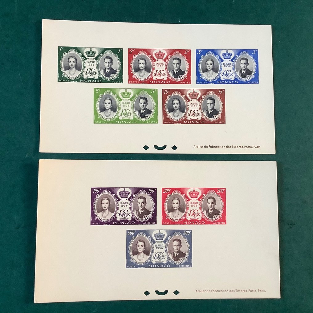Monaco 1956 - Matrimonio principesco: epreuve de luxe dei blocchi, di tutti i francobolli singoli e di altissimo - Yvert #2.2