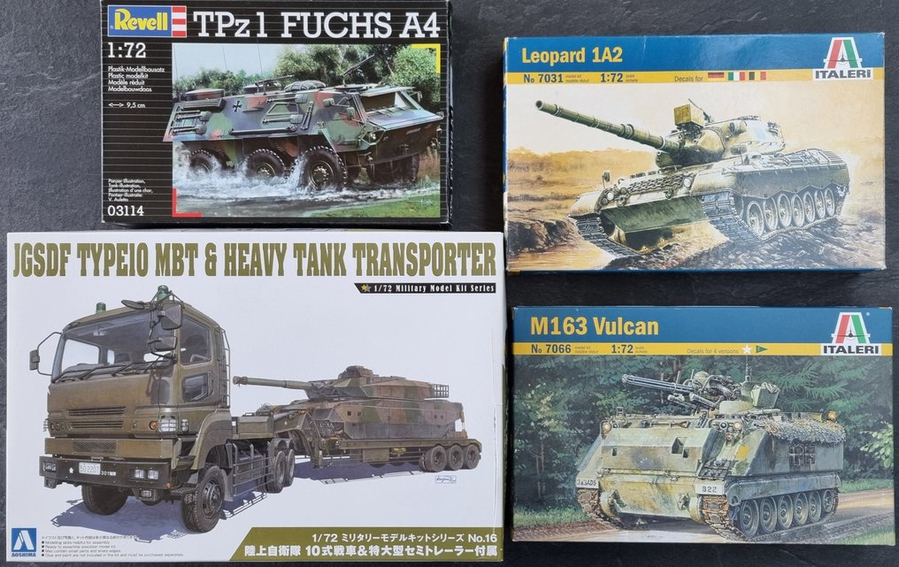 Revell, Aoshima, Italeri - Zestaw modelarski  (4) - TPz1 Fuchs A4 - JGSDF Type10 MBT & Heavy Tank Transporter - Leopard 1A2 Tank - M163 Vulcan #1.1