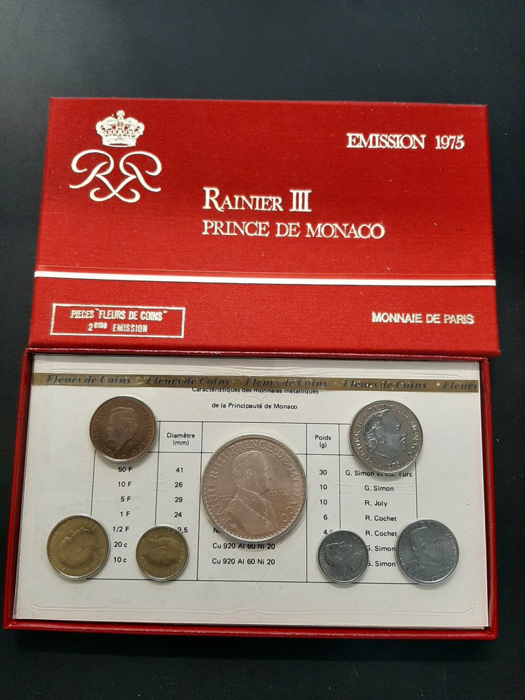 摩纳哥. Year Set (FDC) 1975 (7 monnaies) Rainier III #1.1