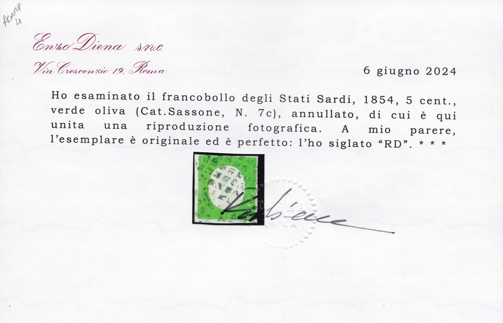 State Italiene Antice - Sardinia 1854 - III Emisiune - 5 cenți verde măsline - folosit - Sassone 7c #2.1
