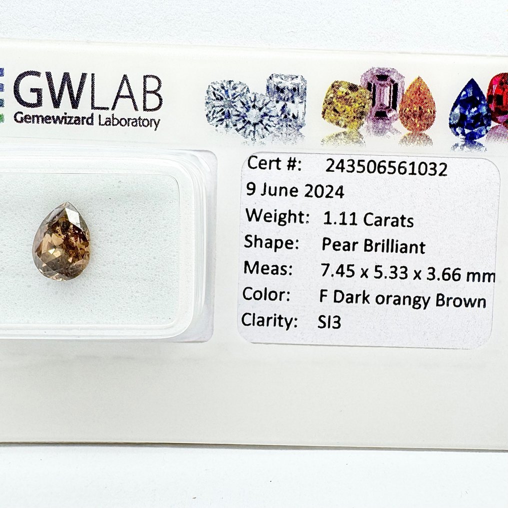 Ohne Mindestpreis - 1 pcs Diamant  (Natürlich farbig)  - 1.11 ct - Birne - Fancy dark Orange Braun - SI3 - Gemewizard Gemological Laboratory (GWLab) #3.1