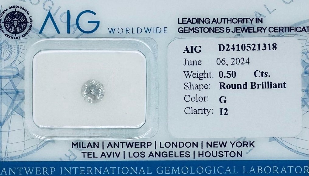 Ingen reservasjonspris - 1 pcs Diamant  (Naturlig)  - 0.50 ct - Rund - G - I2 - Antwerp International Gemological Laboratories (AIG Israel) #3.2