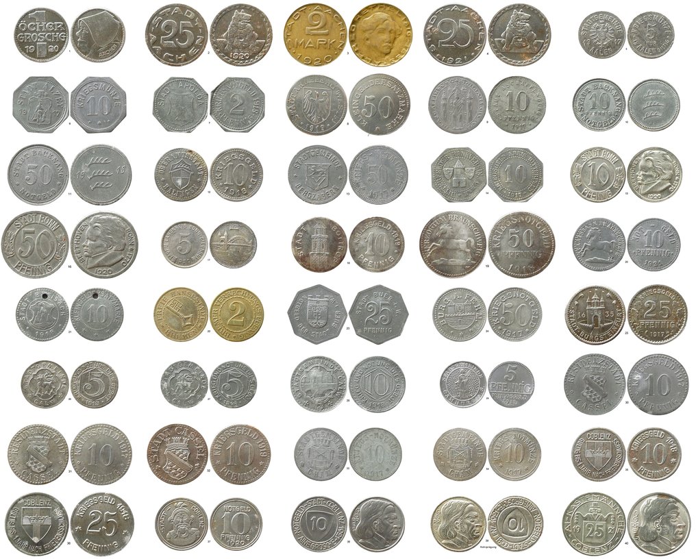 Notgeld alemán, Aquisgrán hasta Coblenza. 2 Pfennig - 2 Mark 1917 - 1921 (40 different pieces)  (Sin Precio de Reserva) #1.1