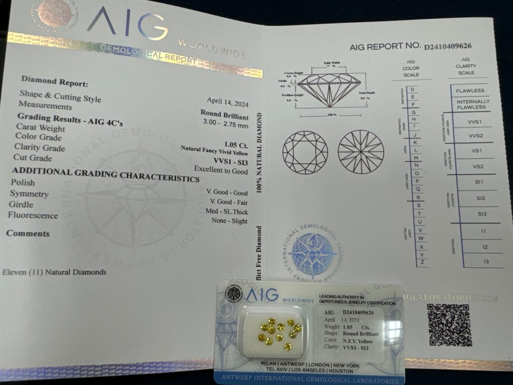沒有保留價 - 11 pcs 鑽石  (天然)  - 1.05 ct - 圓形 - SI1, SI2, SI3, VS1, VS2, VVS1, VVS2 - Antwerp International Gemological Laboratories (AIG Milan) - 絢麗鮮豔的黃色 #2.1