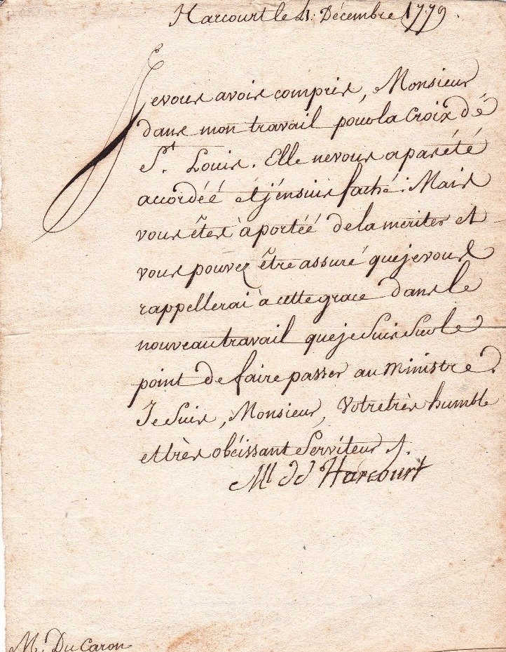 Anne Pierre d'Harcourt [Maréchal de France de Louis XVI] - Lettre autographe signée [Croix de Saint Louis] - 1779 #1.1