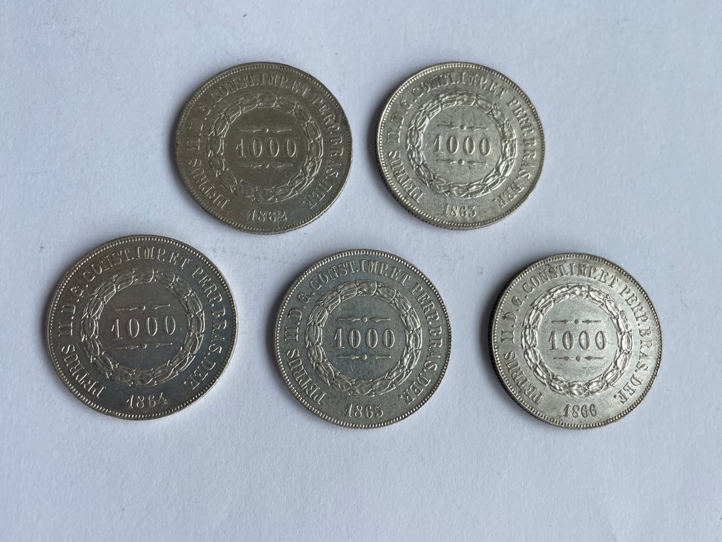 Brasilien. Pedro II (1831-1889). 1000 Reis 1862/1866 (5 monedas)  (Ohne Mindestpreis) #1.1