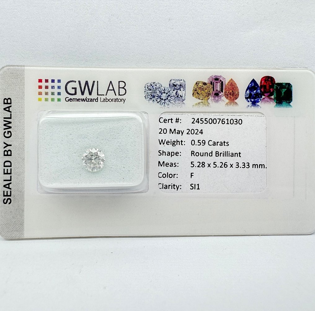 Senza Prezzo di Riserva - 1 pcs Diamante  (Naturale)  - 0.59 ct - Rotondo - F - SI1 - Gemewizard Gemological Laboratory (GWLab) #3.2