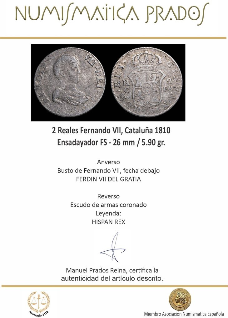 Spain. Fernando VII (1813-1833). 2 Reales Cataluña 1810, Ensayador FS  (No Reserve Price) #2.1