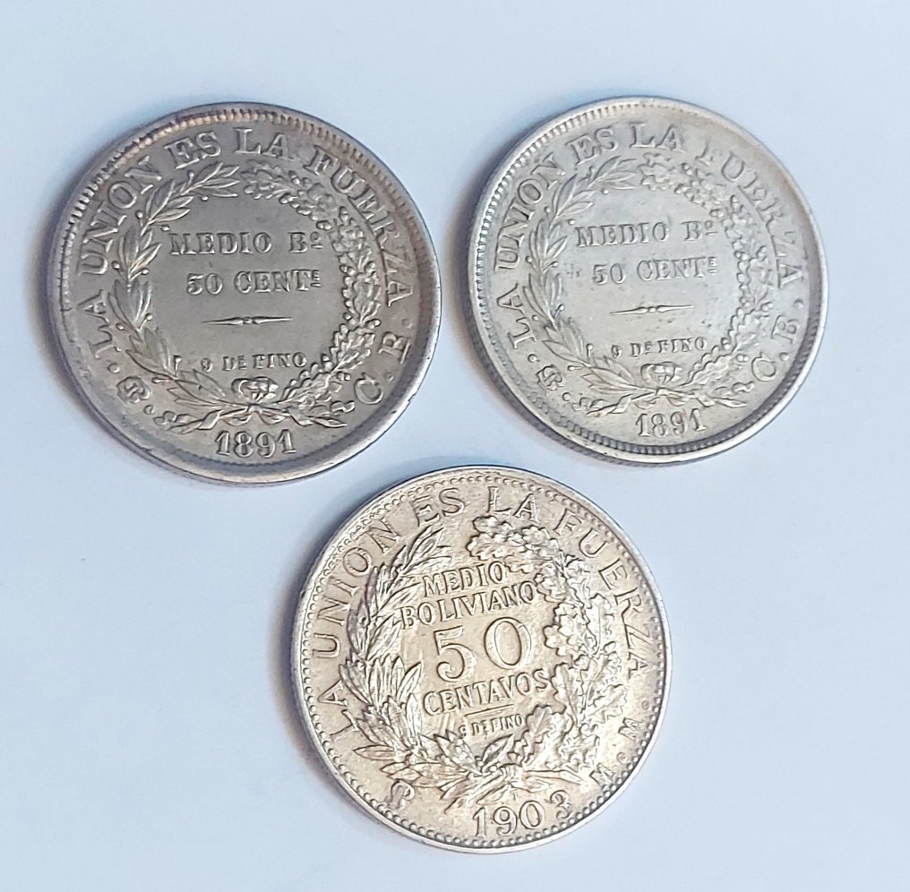 Bolivia. Republic. 1/2 Boliviano 1891/1903 (3 monedas)  (Senza Prezzo di Riserva) #1.2