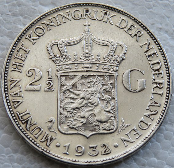 Países Bajos. Wilhelmina (1890-1948). 2 1/2 Gulden 1932b Grof Haar #1.2