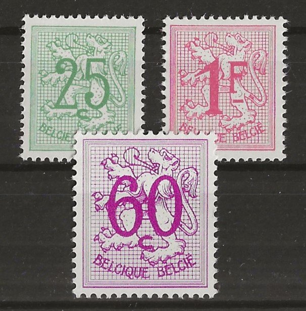 Belgium 1965/1967 - Heraldic lion 60c purple (large size) white paper, 25c Light green and 1F Pink (16 teeth) - OBP/COB 859A, 1368b, 1370P2 #1.1