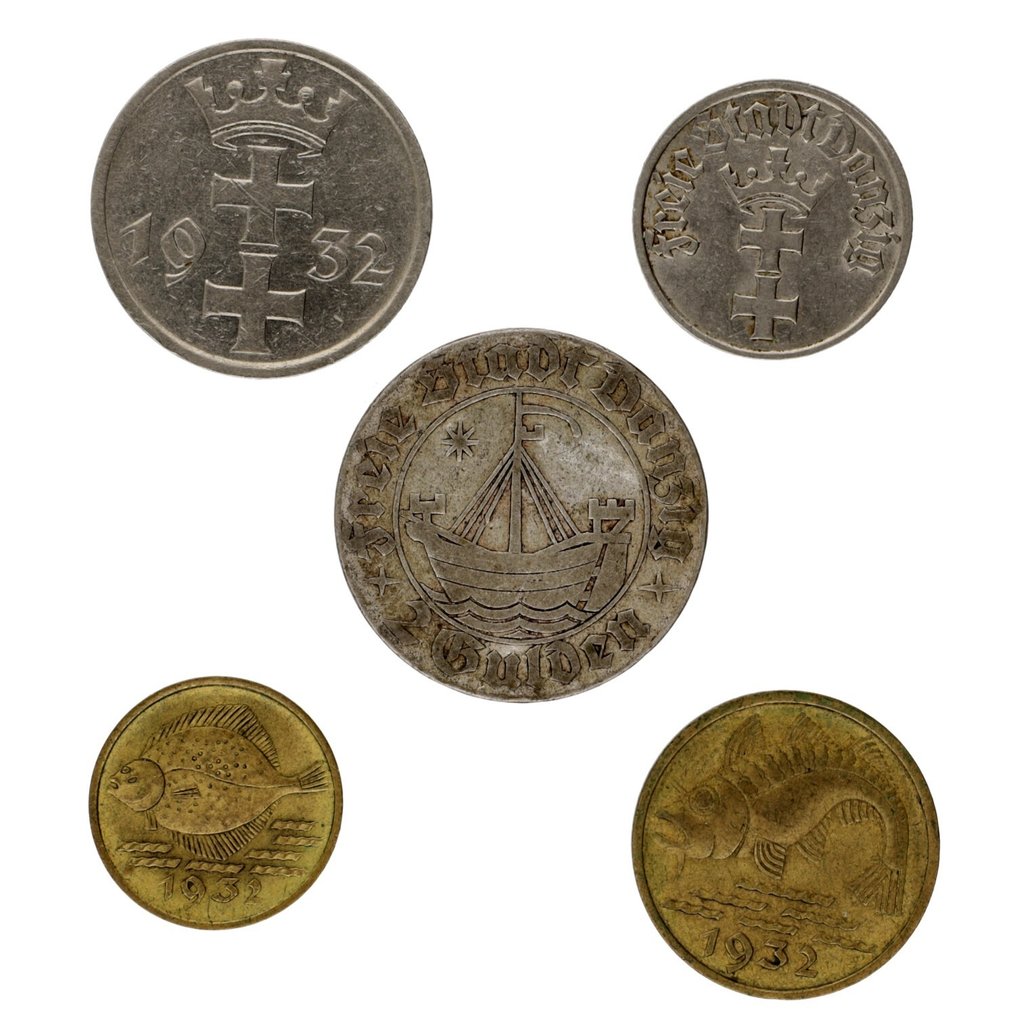 Polen, Danzig. 5 Pfenning, 10 Pfenning, ½ Gulden, 1 Gulden 1932 (5 stuks)  (Utan reservationspris) #1.1