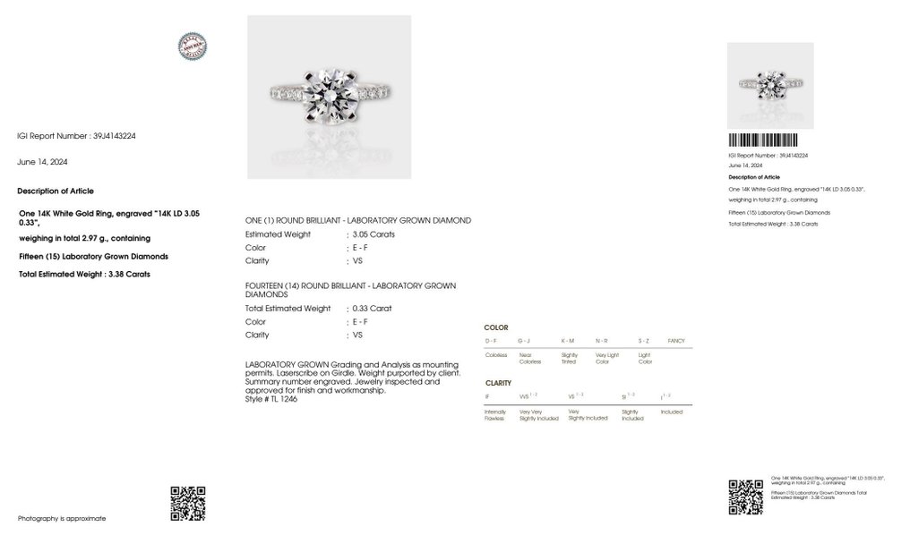 Sin Precio de Reserva - Anillo - 14 quilates Oro blanco -  3.38ct. tw. Diamante  (Lab-grown) - Diamante - IGI 3.05 CT Ideal F VS1 #2.1