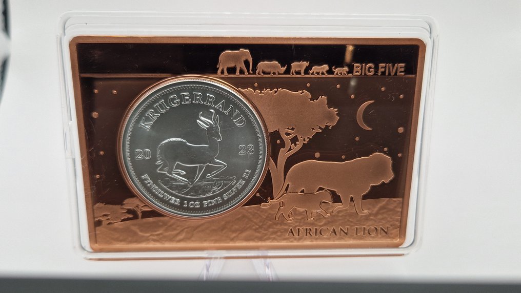 Südafrika. 1 Rand / Bar 2023 "50 Jahre Krügerrand-Löwe", 1 Oz Silver (.999) + 3 Oz Kupferbarren  (Ohne Mindestpreis) #1.1