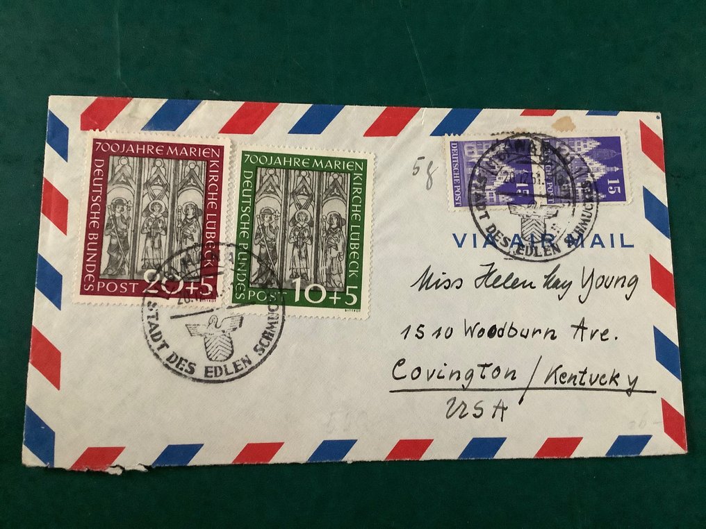 Deutschland, Bundesrepublik 1951 - Marienkirche auf Luftpostbrief - Michel 139/140 #2.1