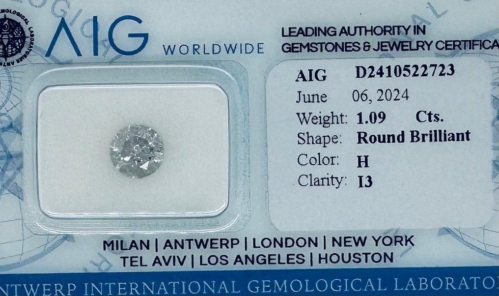 Ingen reservasjonspris - 1 pcs Diamant  (Naturlig)  - 1.09 ct - Rund - H - I3 - Antwerp International Gemological Laboratories (AIG Israel) #3.2