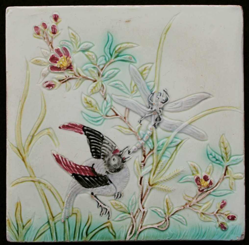 Jugendstil Azulejo - flor - Georg Schmider, Zell am Harmersback - Art Nouveau - 1900-1910 - pájaro con libélula  #1.1