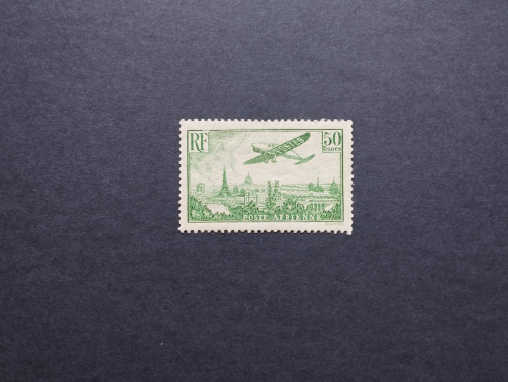 Frankrike 1936 - Plan som flyger över Paris 50f. Grön gul - Yvert PA N° 14 Signé Calves #1.1