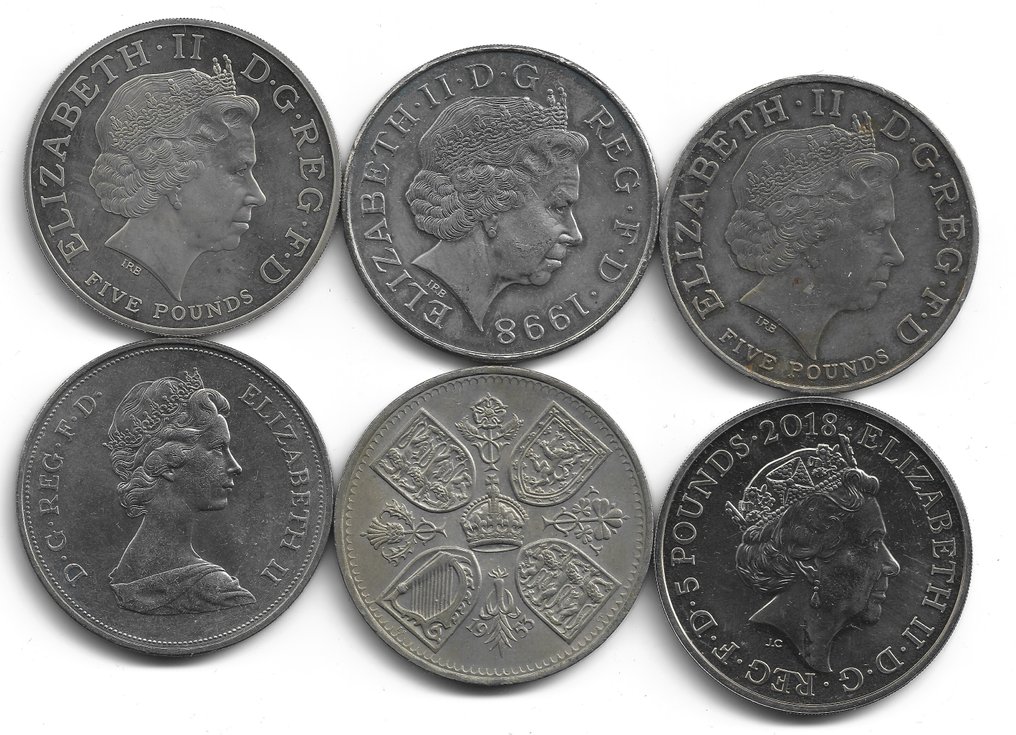 Ηνωμένο Βασίλειο. Elizabeth II. A Lot of 6x Crown sized British £5 pound coins, including two Proofs  (χωρίς τιμή ασφαλείας) #2.1