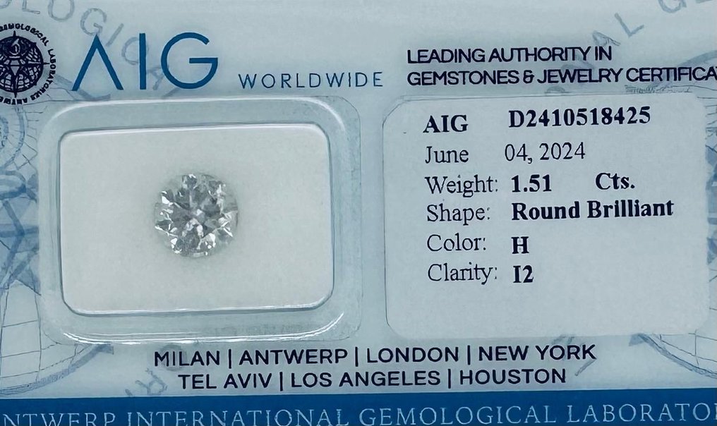 Ingen mindstepris - 1 pcs Diamant  (Natur)  - 1.51 ct - Rund - H - I2 - Antwerp International Gemological Laboratories (AIG Israel) #3.2