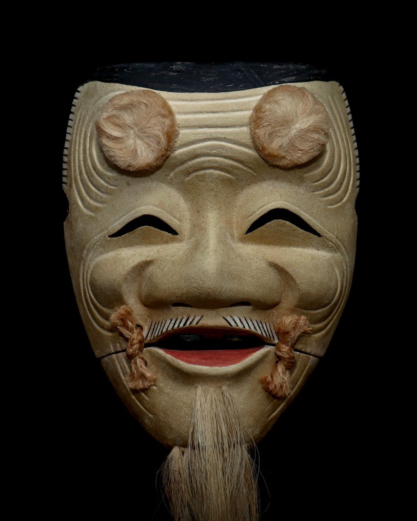 Signed Japan Wooden Noh Mask 能面 of Okina 翁 （with mask bag) - Escultura Madeira - Japão  (Sem preço de reserva) #1.1