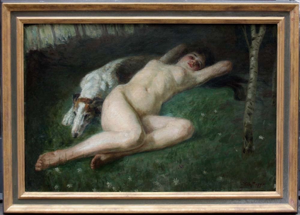 Wilhelm Tupy (1875-1972) - Lying nude with Borzoi dog #2.1