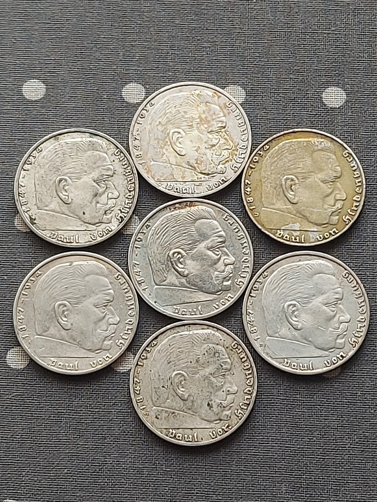 Alemanha, Terceiro Reich. 2 Mark 1937/1939 - "Paul von Hindenburg" ( 7 moedas)  (Sem preço de reserva) #1.1