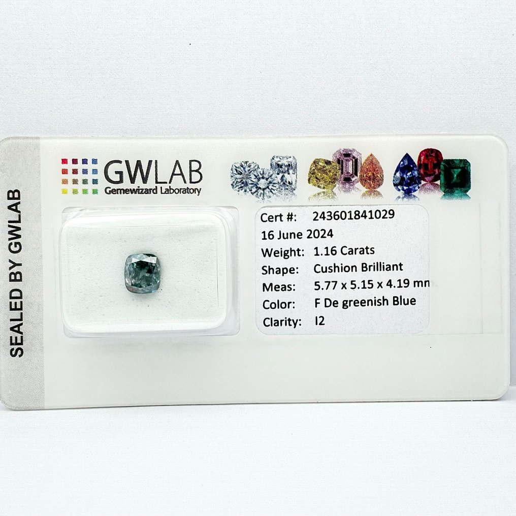 Ingen mindstepris - 1 pcs Diamant  (Farvebehandlet)  - 1.16 ct - Pude - Fancy deep Grønlig Blå - I2 - Gemewizard Gemological Laboratory (GWLab) #1.2