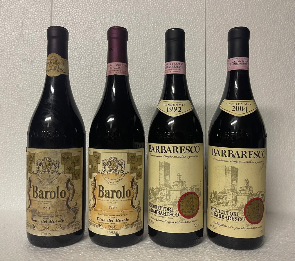 1991, 1995 Terre del Barolo & 1992, 2004 Produttori del Barbaresco - Barbaresco, Barolo - 4 Flasker  (0,75 l) #1.1
