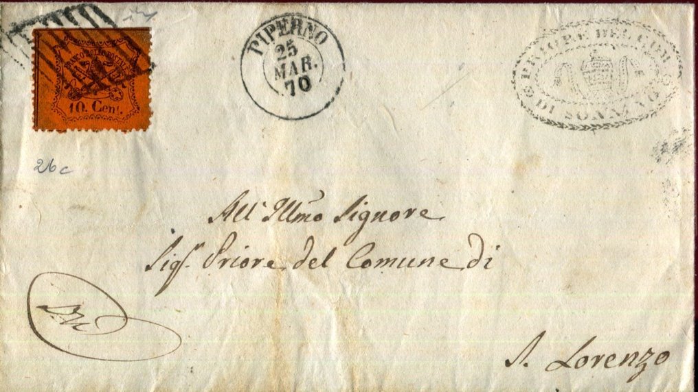 Antikke italienske stater 1868 - Det svært sjeldne Sonnino-stempelet punkt 13. - Sassone 26c #1.0