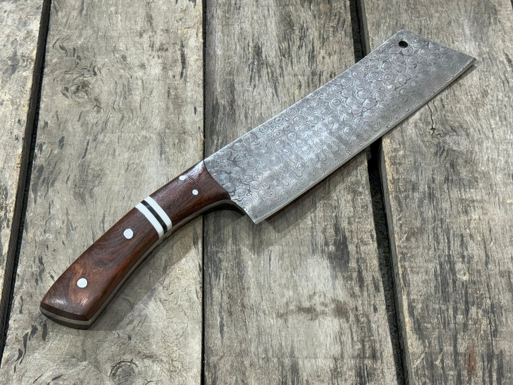 Couteau de cuisine - Couperet de chef en acier forgé de Damas fait à la main, objet de collection, gaine en cuir - Amérique du Nord #3.2
