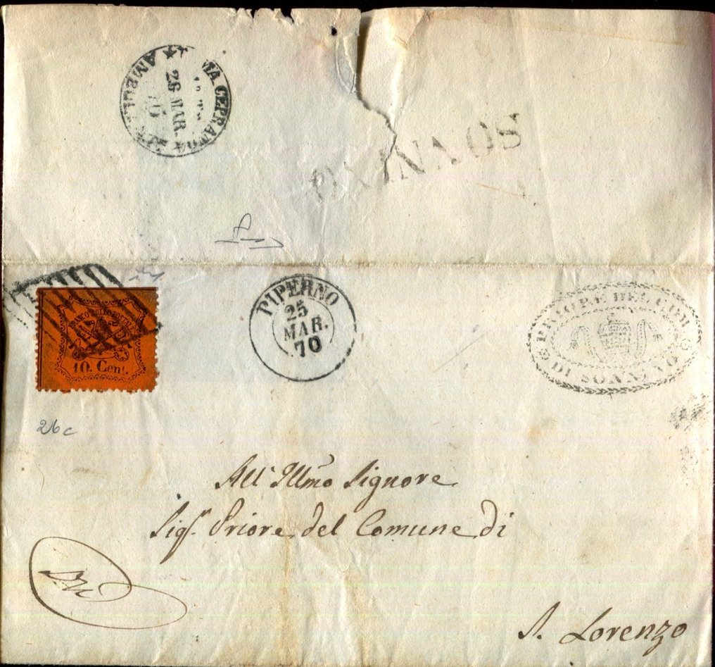 Antikke italienske stater 1868 - Det svært sjeldne Sonnino-stempelet punkt 13. - Sassone 26c #1.0