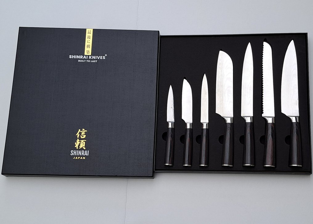 Shinrai Japan - 7 Piece professional knives set - Stainless Steel - Damascus print - Keittiöveitsi - Ruostumaton teräs - Japani #2.1