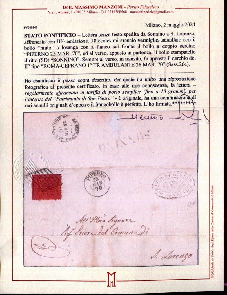 Antikke italienske stater 1868 - Det svært sjeldne Sonnino-stempelet punkt 13. - Sassone 26c #3.2