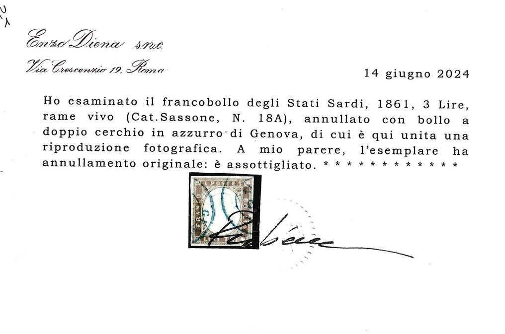 Italienische antike Staaten - Sardinien 1861 - 3 Lire mit Genua-Stempel in Blau - Sassone 18A #2.1