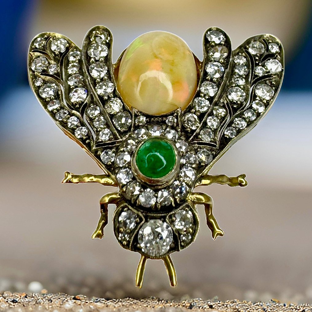 Broșă - 14 ct. Aur galben, Broșă de epocă din aur de 14K (56 Rusia) Opal de smarald și diamante de 3,1 carate Circa 1900 -  3.10ct. tw. Diamant  (Natural) - Opal #1.1