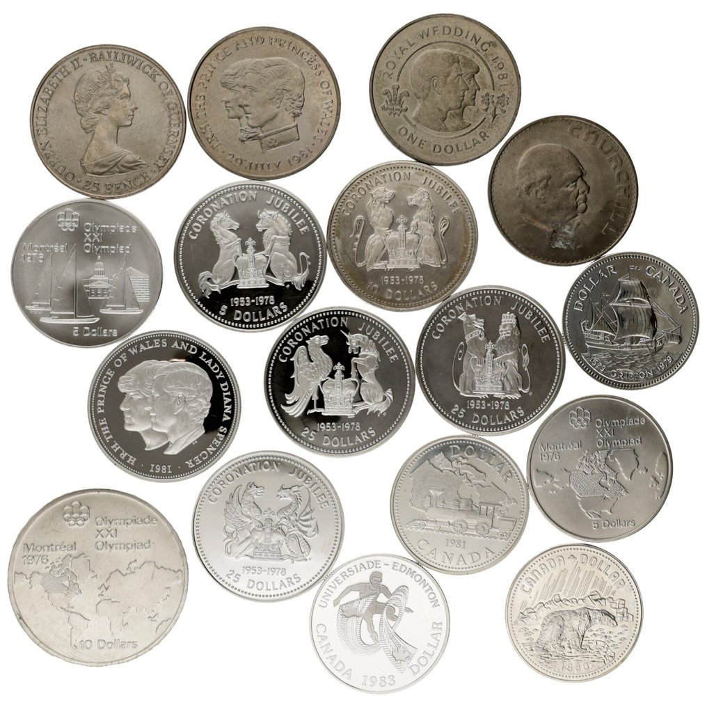 Lumea. Elizabeth II. 25 Pence, 1 Dollar, 5 Dollars, 10 Dollars, 25 Dollars 1965/1983 (17 stuks) #1.1
