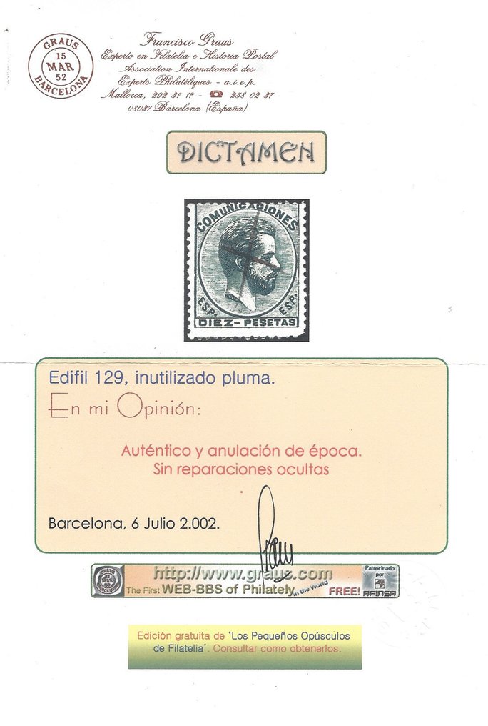 Espanja 1872 - 10 pistettä Amadeo sertifikaatilla - Edifil nº 129 #2.1