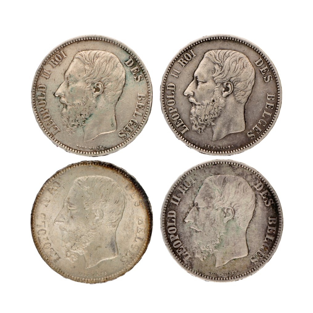 Bélgica. Leopold II (1865-1909). 5 Francs 1867/1873 (4 Stuks)  (Sin Precio de Reserva) #1.1