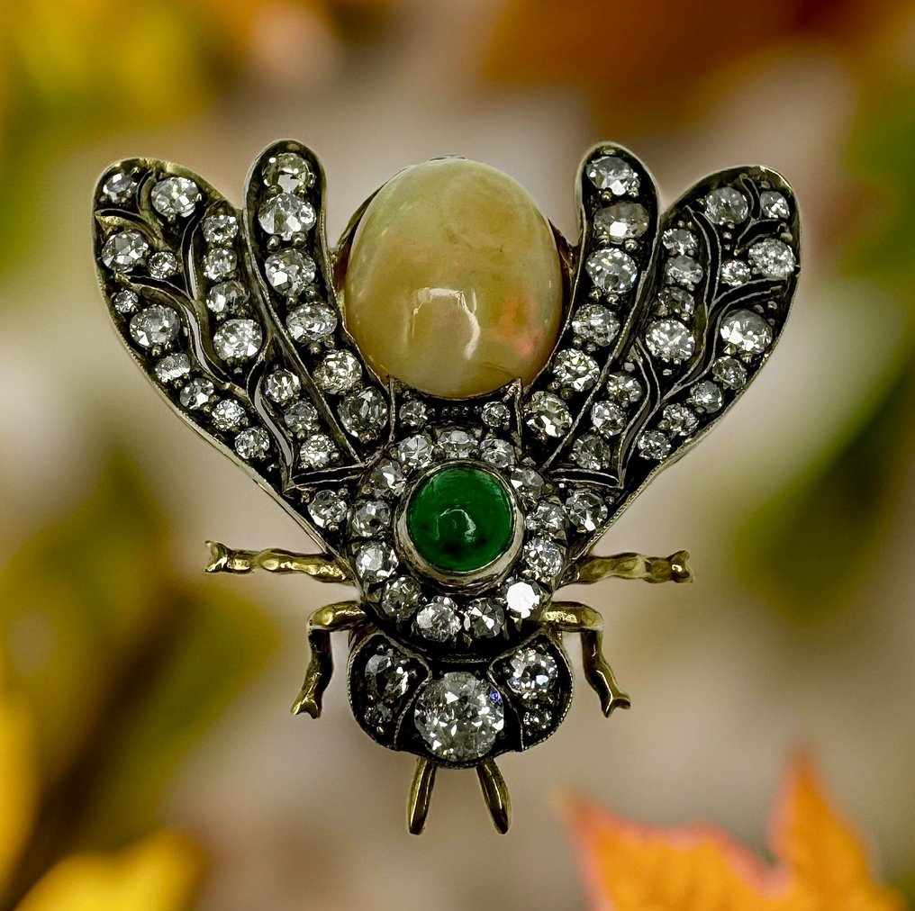 Bross - 14 kt. Sárga arany, Vintage 14K arany (56 Oroszország) bross smaragd opál és 3,1 karátos gyémánt az 1900-as évekből -  3.10ct. tw. Gyémánt  (Természetes) - Opál #1.2