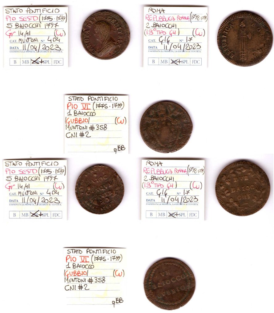 Italien, Kirchenstaat. Pio VI (1775-1799). Lotto 5 monete baiocchi 1797 - Perugia/Gubbio/San Severino #2.2