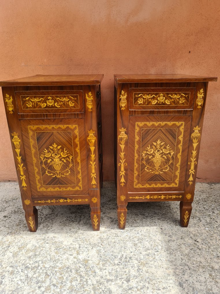 Commode - Wood - Pair of bedside tables rich in inlays #2.1