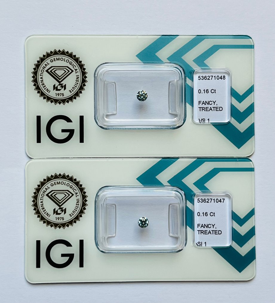 2 pcs 鑽石  (經顏色處理)  - 0.32 ct - 圓形 - Fancy 淡綠色 藍色 - SI1, VS1 - 國際寶石學院（International Gemological Institute (IGI)） #1.1