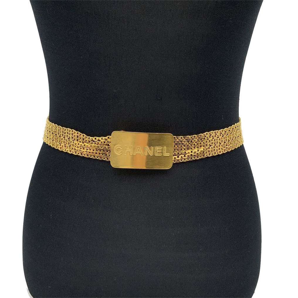 Chanel - Vintage Gold Metal Multi Strand Chain Belt Logo Plate - Pasek #1.2