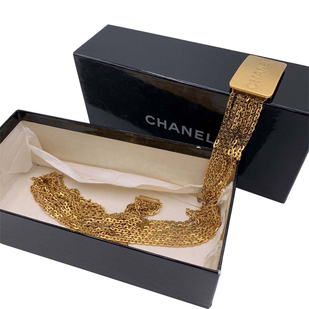 Chanel - Vintage Gold Metal Multi Strand Chain Belt Logo Plate - Cinturón #2.1