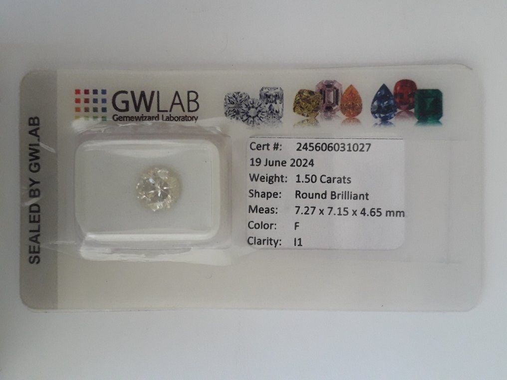沒有保留價 - 1 pcs 鑽石  (天然)  - 1.50 ct - 圓形 - F(近乎無色) - I1 - Gemewizard Gemological Laboratory (GWLab) #1.1