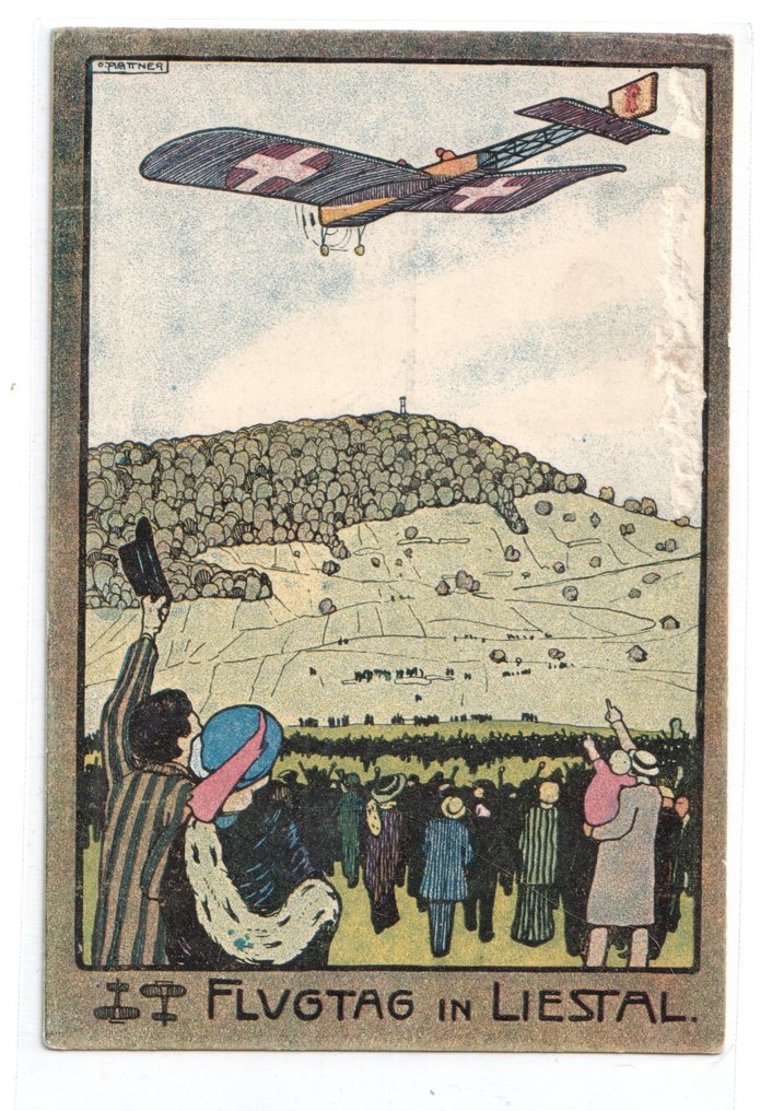 Suisse 1913 - Autocollant poste aérienne 50 rp. Flugtag Liestal sur une carte postale illustrée faisant allusion à - Michel VIII #2.1
